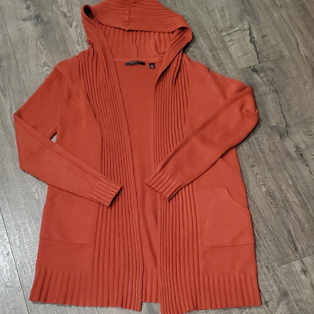 Cyrus Open-Front Hooded Cardigan in Terracotta